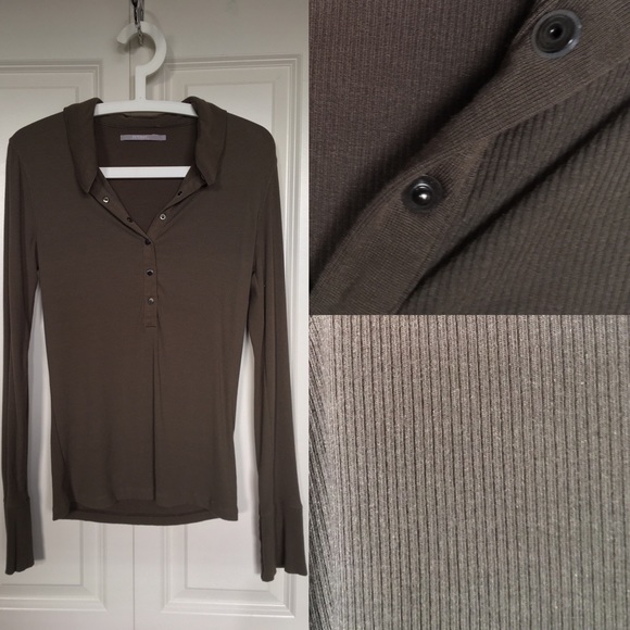 Olive Colored Long Sleeved Collared T-Shirt - Picture 1 of 7